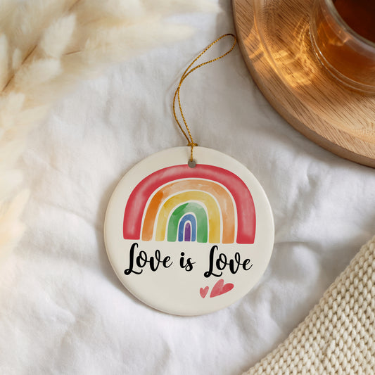 Watercolor Rainbow Ornament, LGBTQ+ Couple Keepsake, Ceramic Pride Wedding Gift