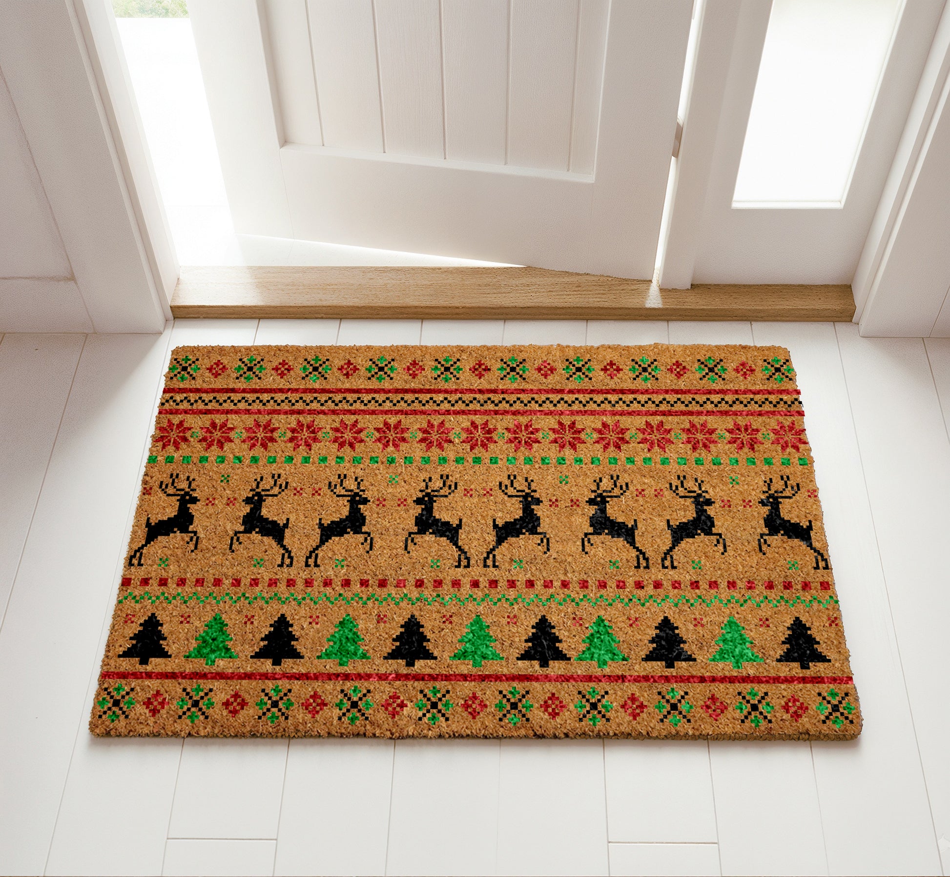 Fair Isle Christmas Doormat, Reindeer & Tree Holiday Welcome Mat