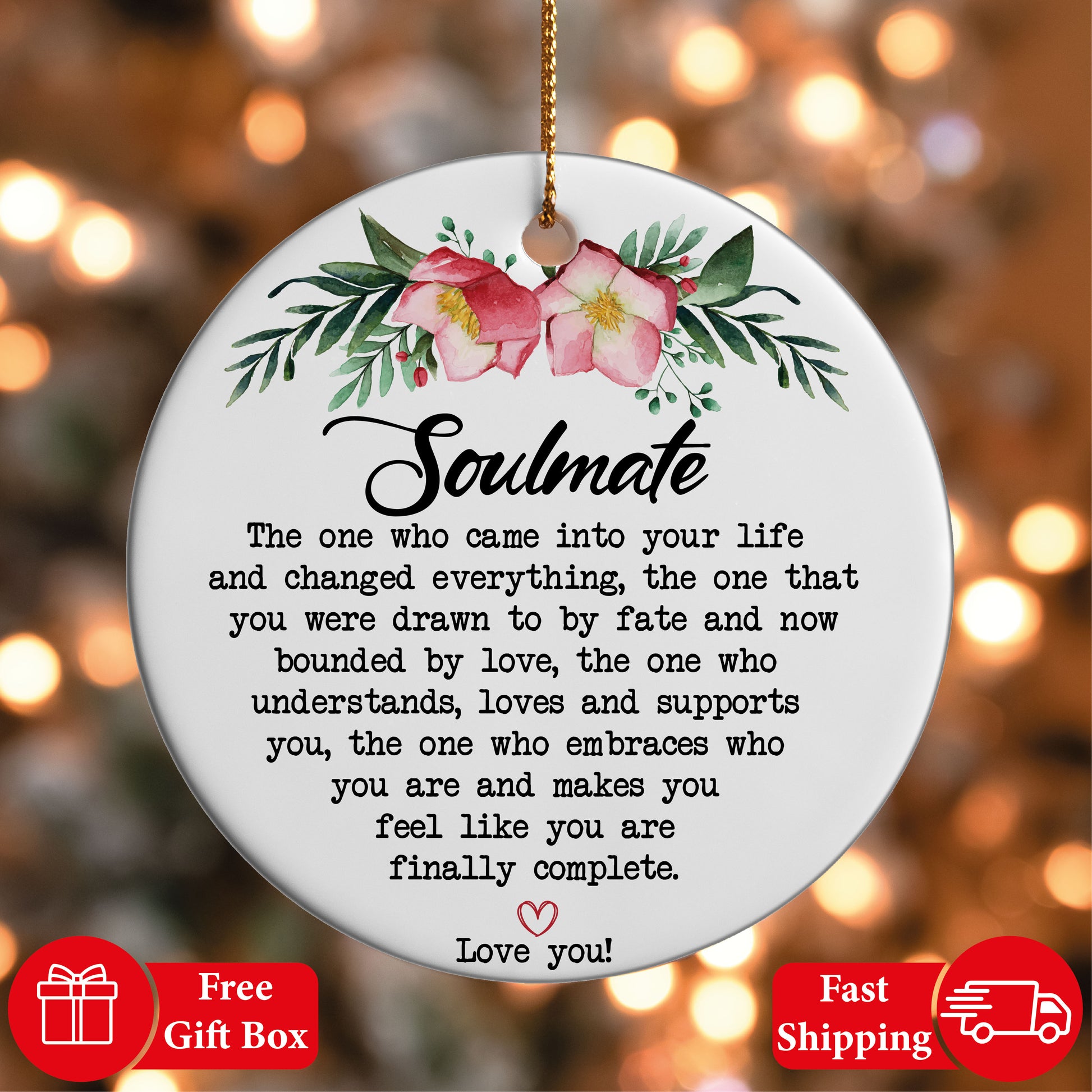Soulmate Emotional Text Ceramic Ornament, Romantic Couple Valentine's Day Keepsake