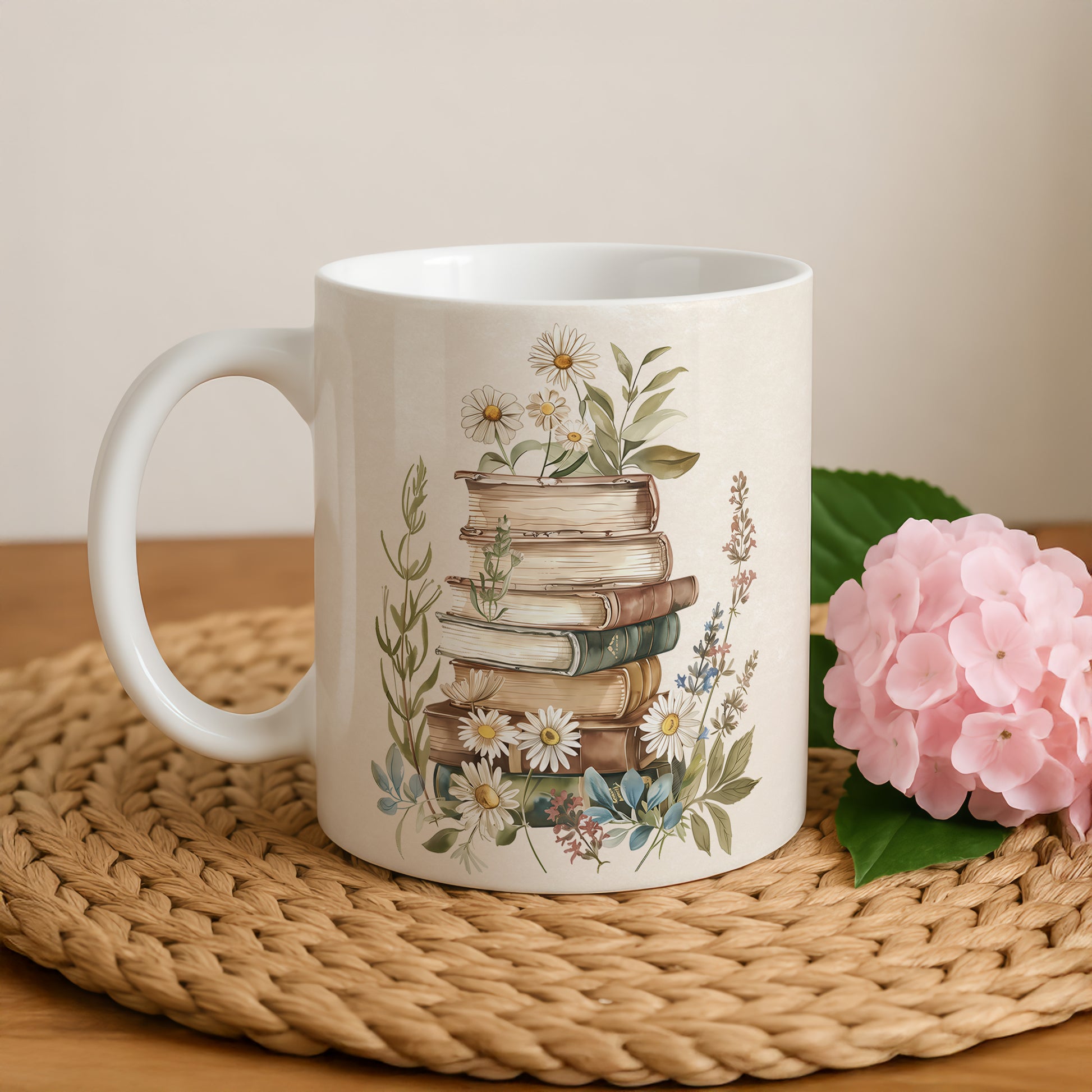 Vintage Book Lover Mug, Daisy Flowers Tea Cup, Boho Bookish
