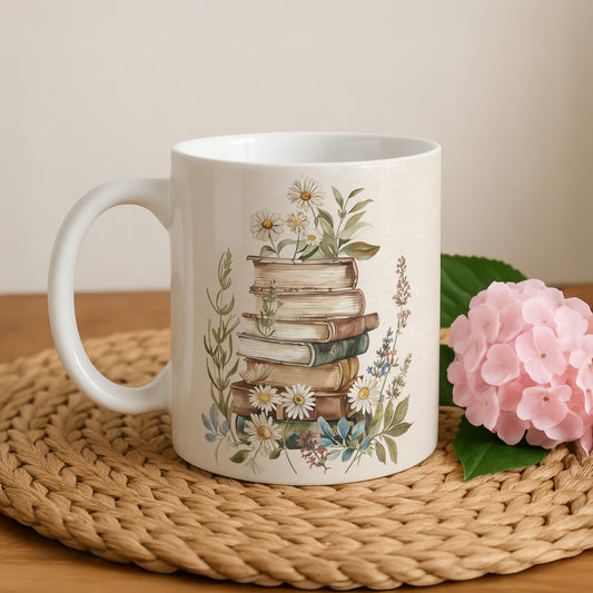 Vintage Book Lover Mug, Daisy Flowers Tea Cup, Boho Bookish