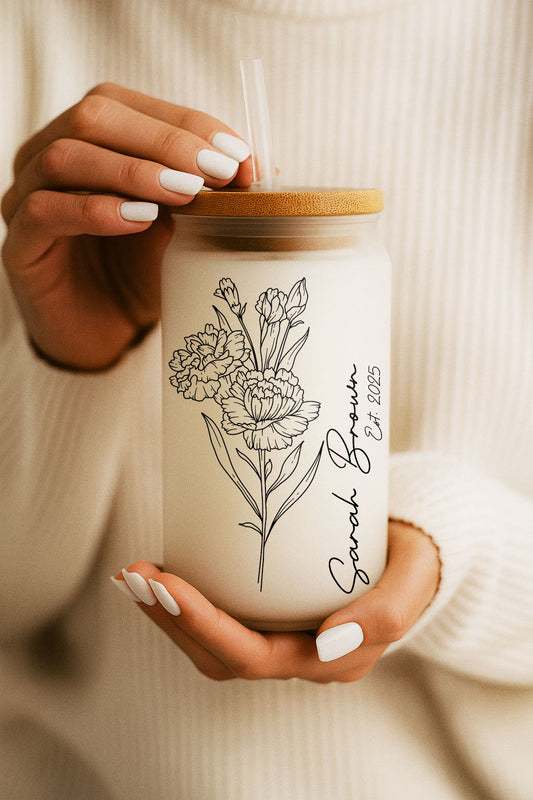Custom Floral Glass Tumbler, Bamboo Lid, Eco-friendly, Wildflower Design