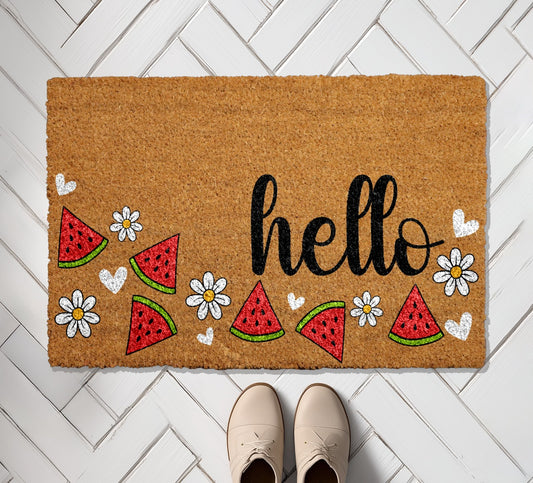 Summer Vibes Welcome with Watermelon & Daisy Doormat, Cheerful Greeting