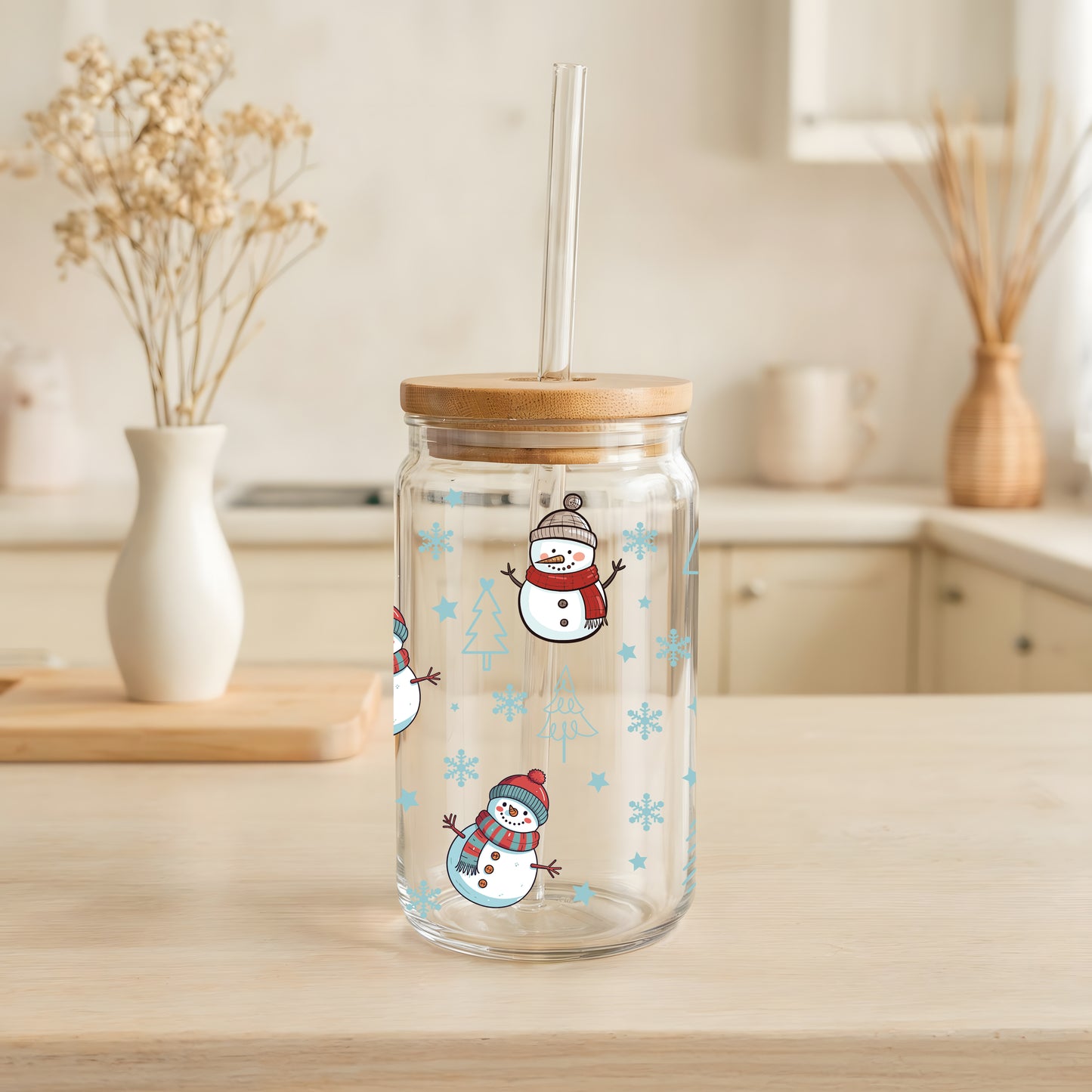 Cute Snowmen Pattern Can Glass Tumbler, Aesthetic Christmas Holiday Cup