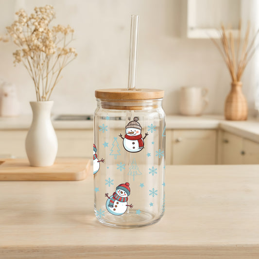 Cute Snowmen Pattern Can Glass Tumbler, Aesthetic Christmas Holiday Cup