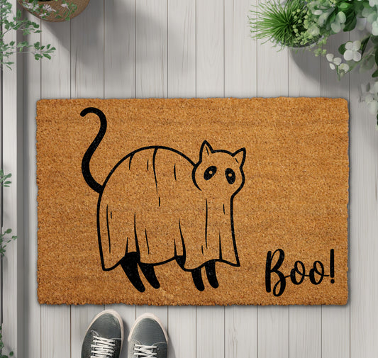 Spooky Cat Doormat, Boo Kitty Welcome Mat for Halloween Fun