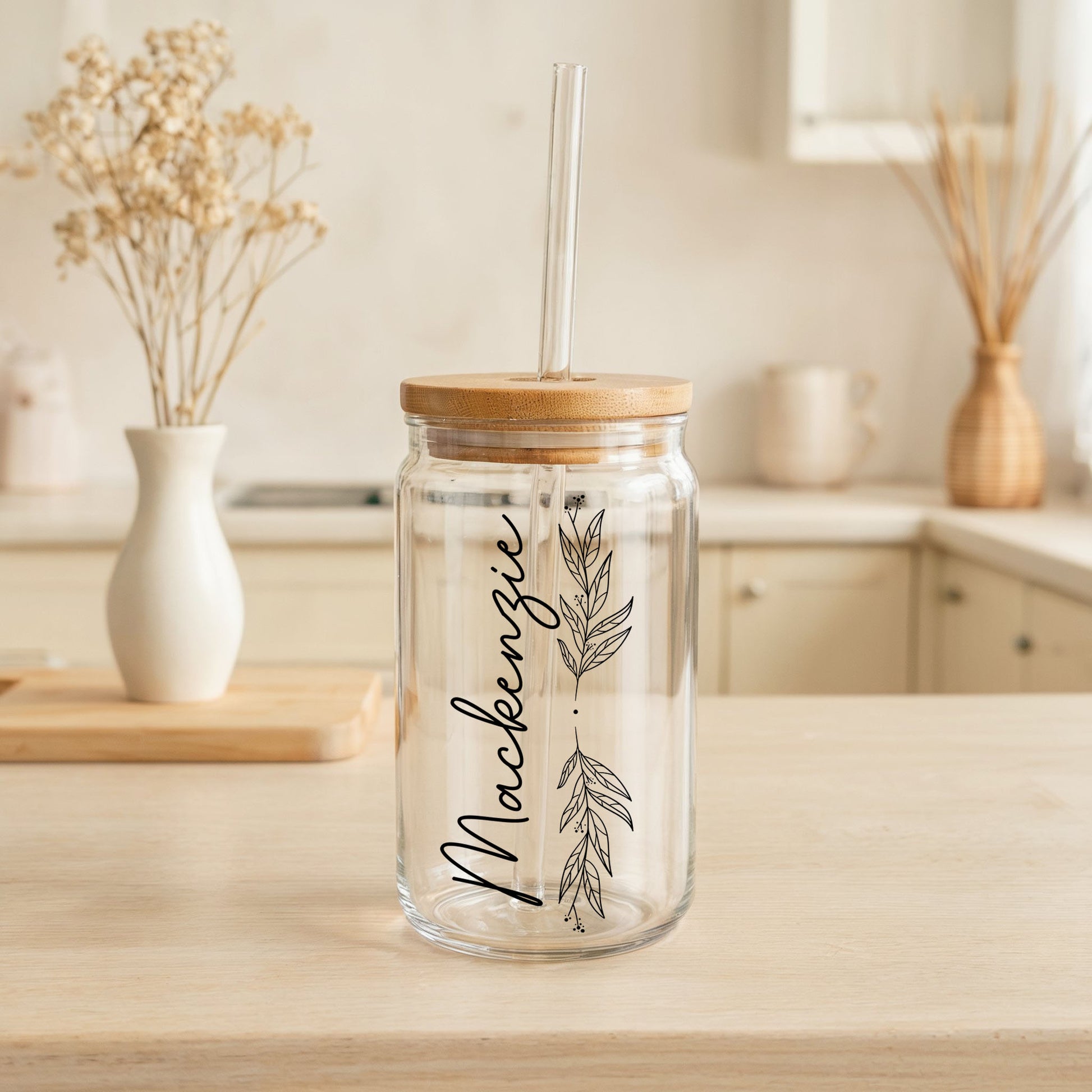 Floral Personalized Name Glass Tumbler, Custom Friends Matching Coffee Cup