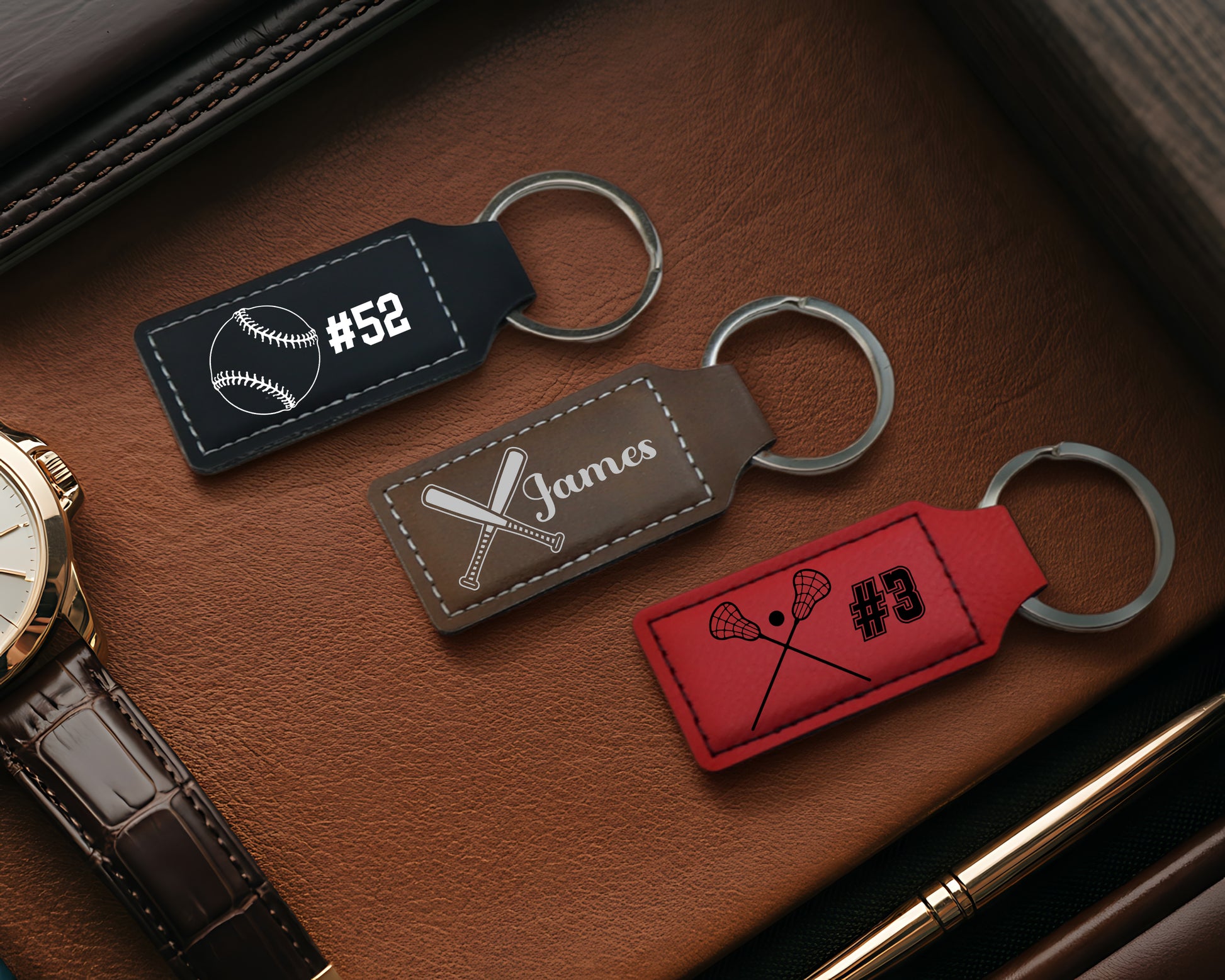 Custom Sports Theme Vegan Leather Keychains, Personalized Athlete Gift