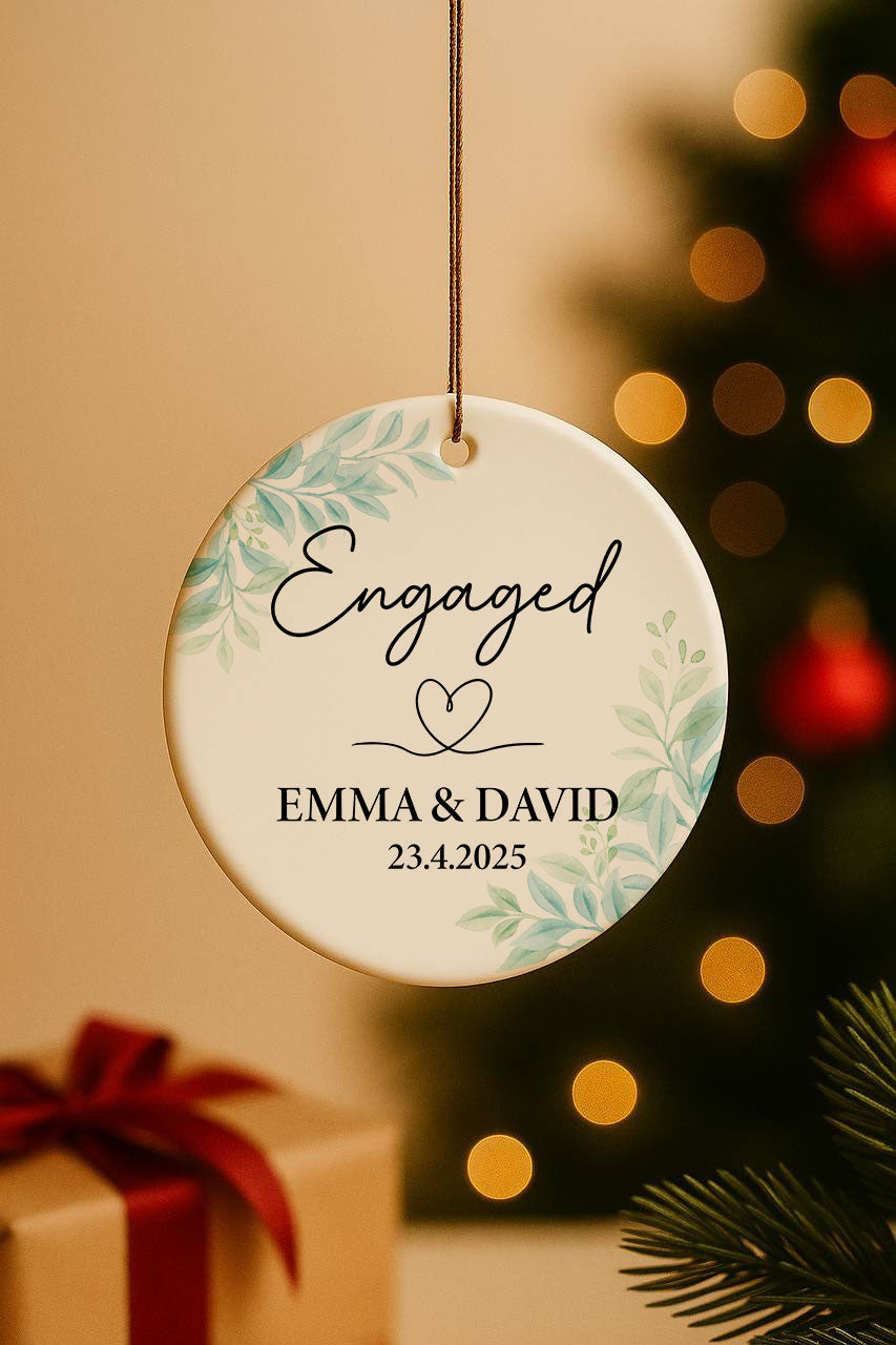 Floral Engaged Couple's Ornament, Personalized 2025 Christmas Keepsake.