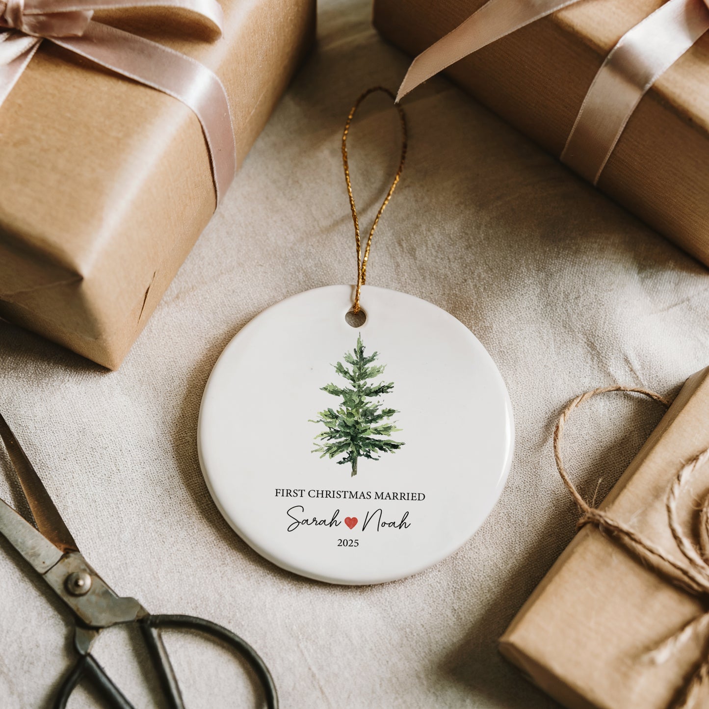Personalized First Christmas Married Ornament, Custom Ceramic Xmas Keepsake Gift