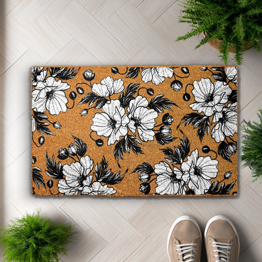 Hand Painted Poppy Flowers Welcome Mat, Rustic Garden Decor