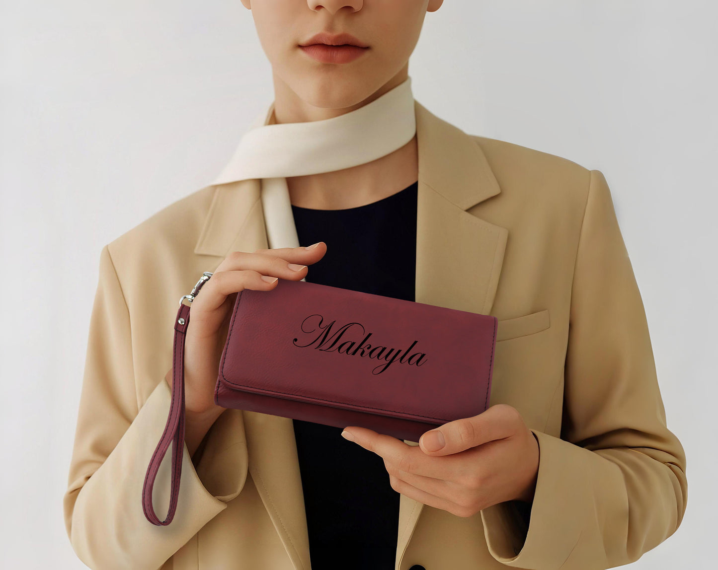 Custom Vegan Leather Wallet with Engraved Name, Floral Wristlet Purse