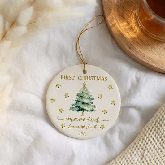 Personalized Ceramic First Christmas Married Ornament, Winter Wedding Keepsake Gift
