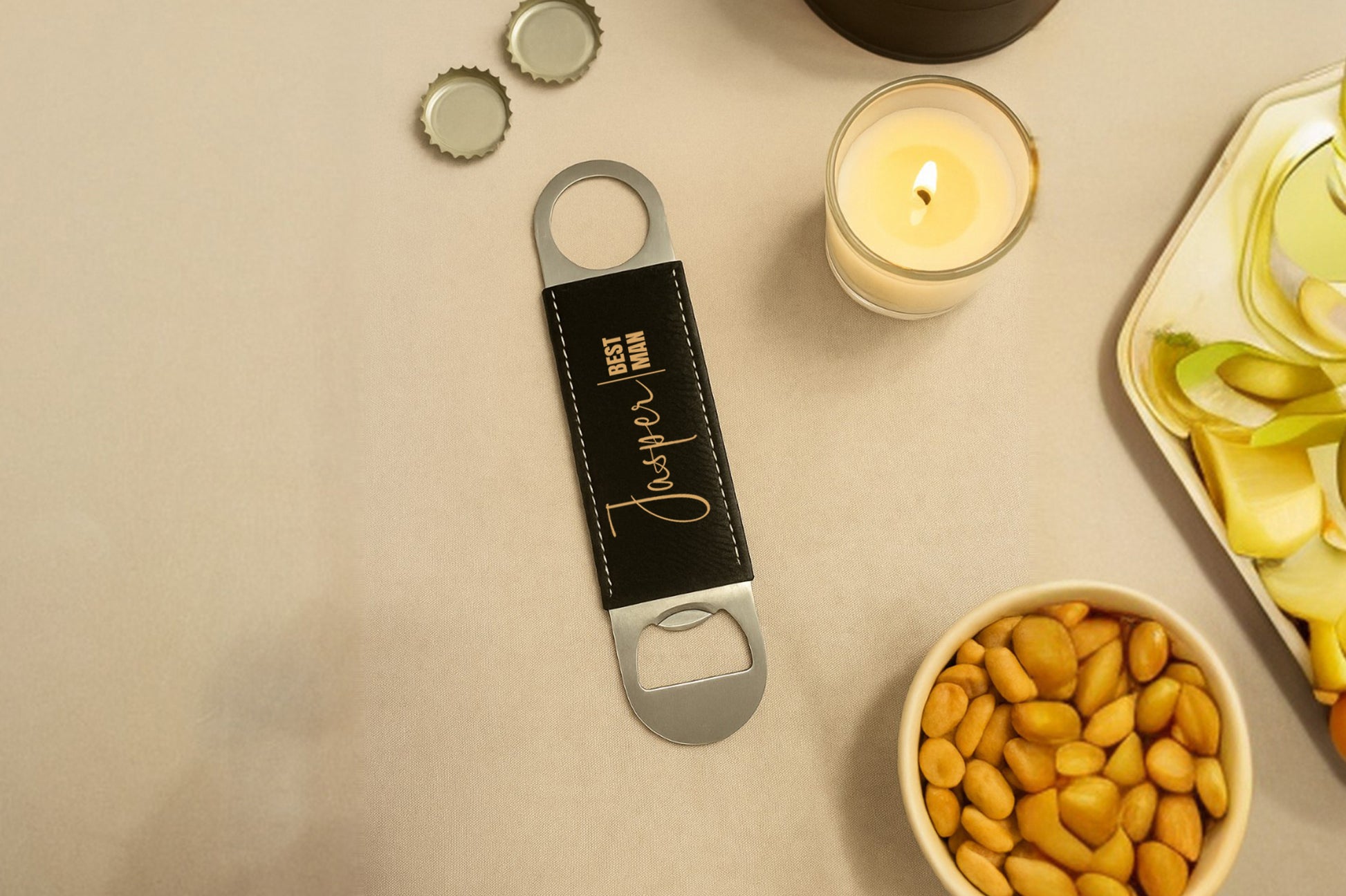 Personalized Leather Beer Opener, Hunter's Custom Bartender Gift, Engraved Name