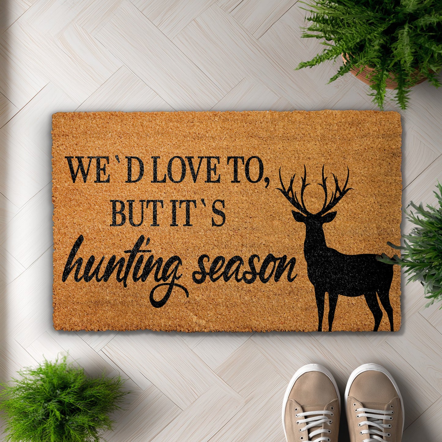 Welcome hunters with our rustic hunting lodge doormat, featuring deer silhouette.