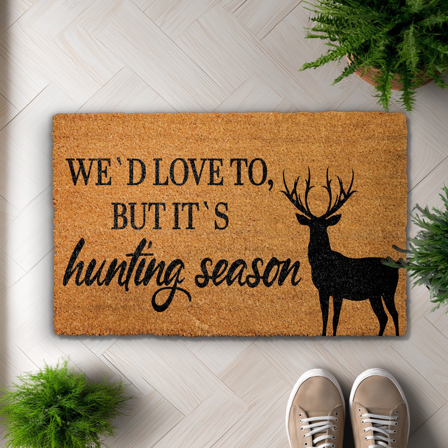 Welcome hunters with our rustic hunting lodge doormat, featuring deer silhouette.