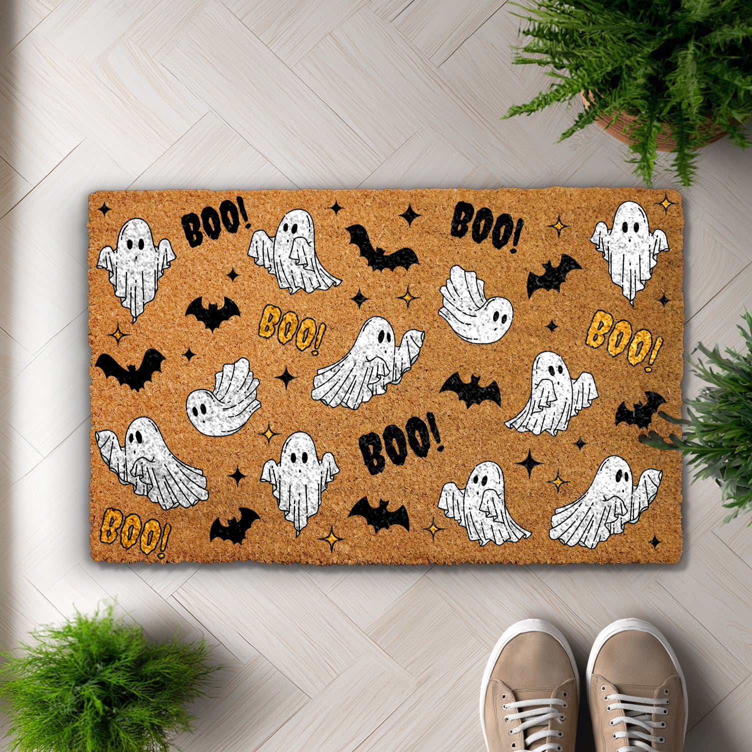 Spooky Season Welcome: Ghost & Bat Pattern Doormat, Boo Floor Mat