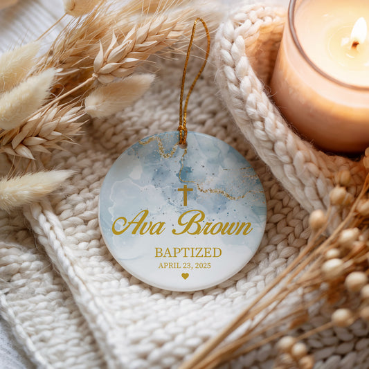 Celebrate Faith with Customizable Baptism Ceremony Ornament, Water Marble Design