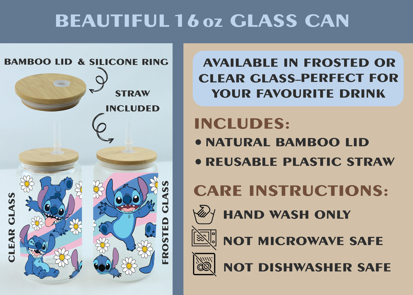 Cute Disney Lover Glass Tumbler, Stitch, Aesthetic Iced Tea Cup