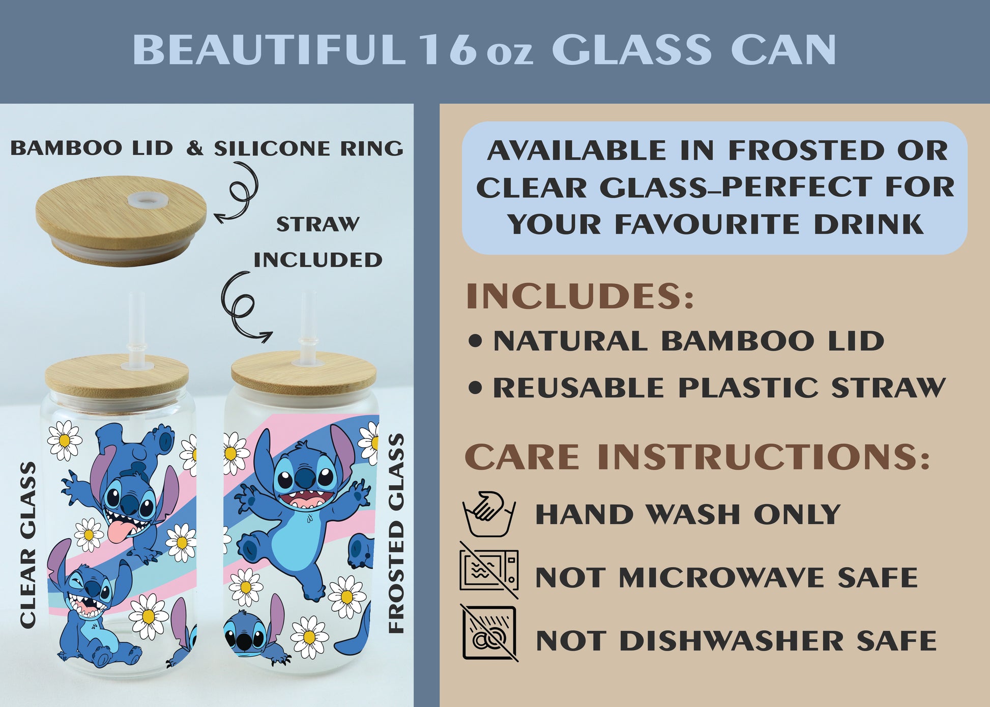 Cute Disney Lover Glass Tumbler, Stitch, Aesthetic Iced Tea Cup