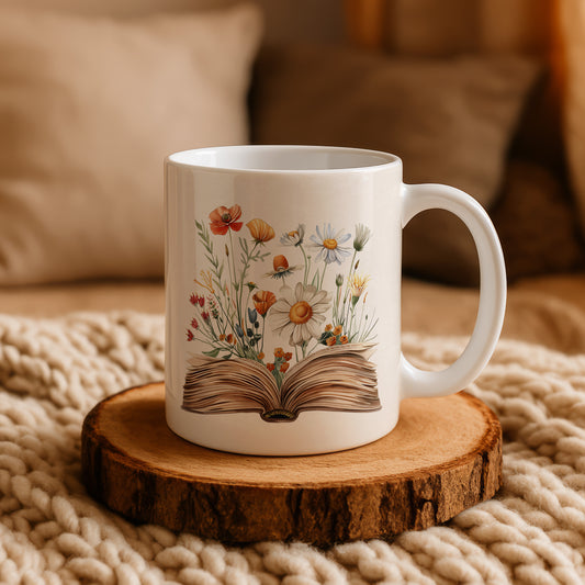 Wild Flower Ceramic Mug, Bookworm's Cottage Core Tea Cup