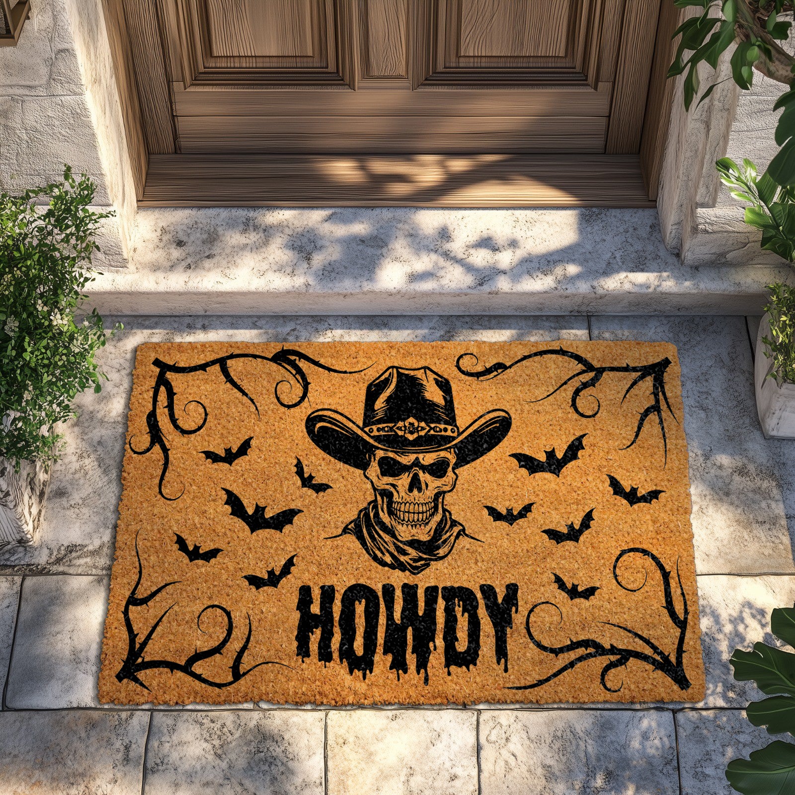 Gothic Cowboy Doormat, Spooky Western Halloween Farmhouse Welcome Rug