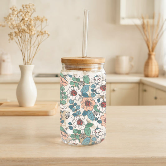Vintage Flower Glass Tumbler, Cottage Core Can with Bamboo Lid