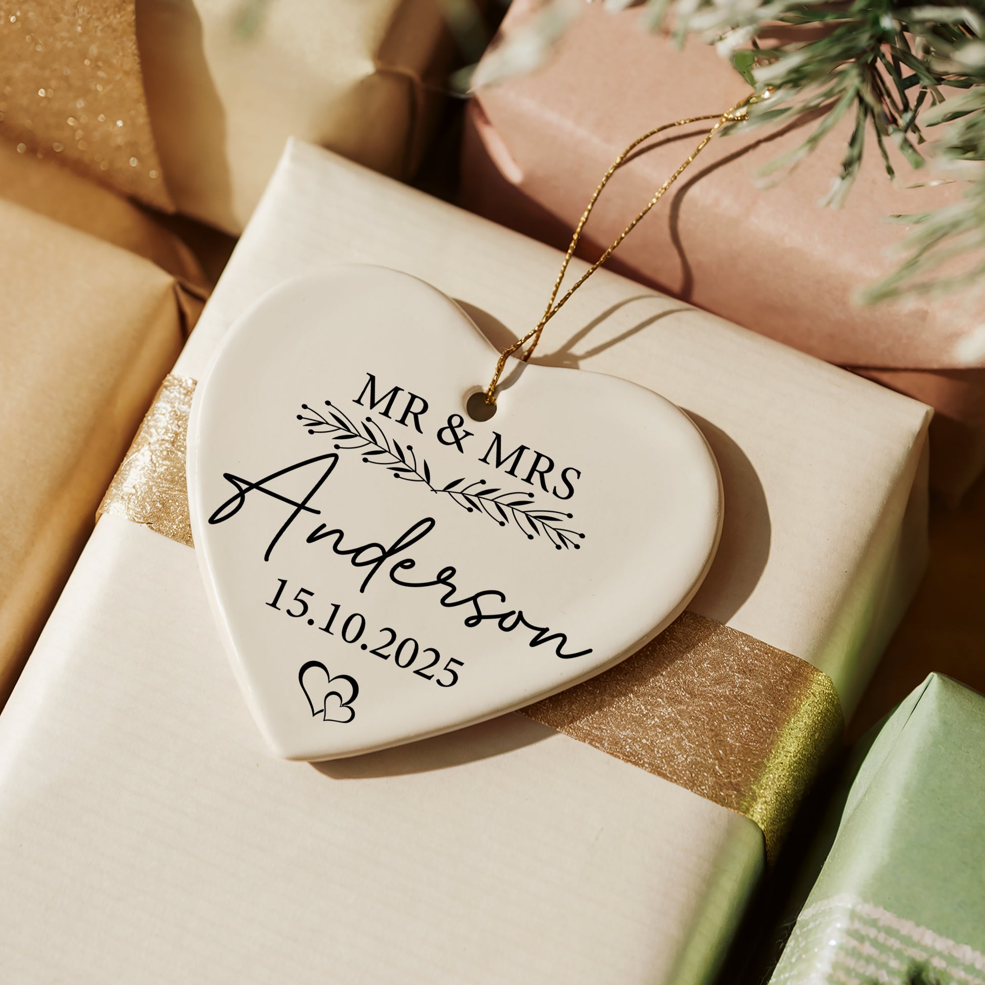 Personalized Wedding Date Ceramic Ornament, Bride And Groom Keepsake