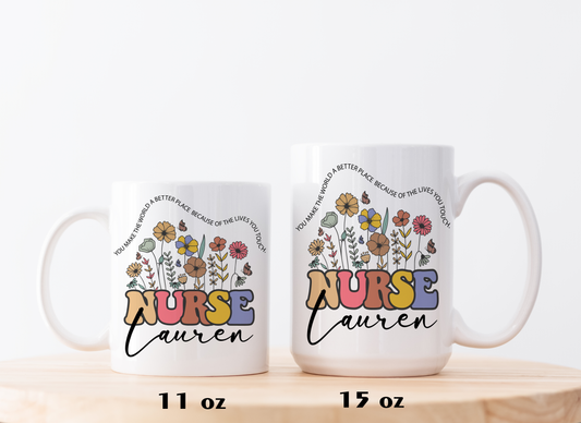 Personalized Floral Nurse Mug: Custom Name, Perfect Gift for Nurses