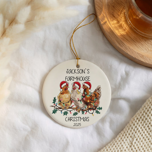 Personalize Your Tree with Ceramic Santa Hat Chickens Ornament
