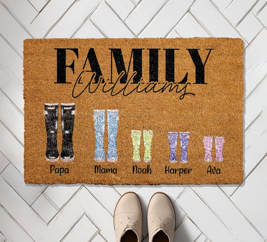 Personalized Family Wellies Doormat, Last Name Welcome Mat, Porch Decor