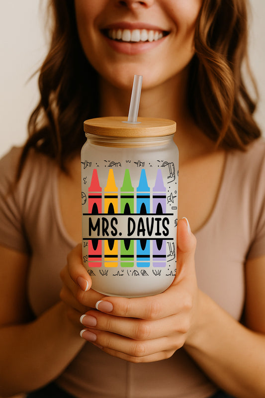 Rainbow Crayons Teacher Tumbler, Personalized & Appreciated Glass Cup Gift.