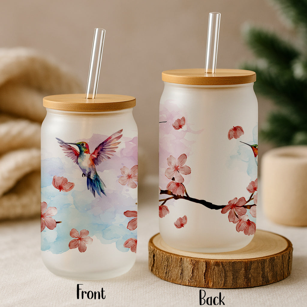 Humming Bird & Cherry Blossom Can Glass Tumbler, Eco-Friendly Aesthetic Cup