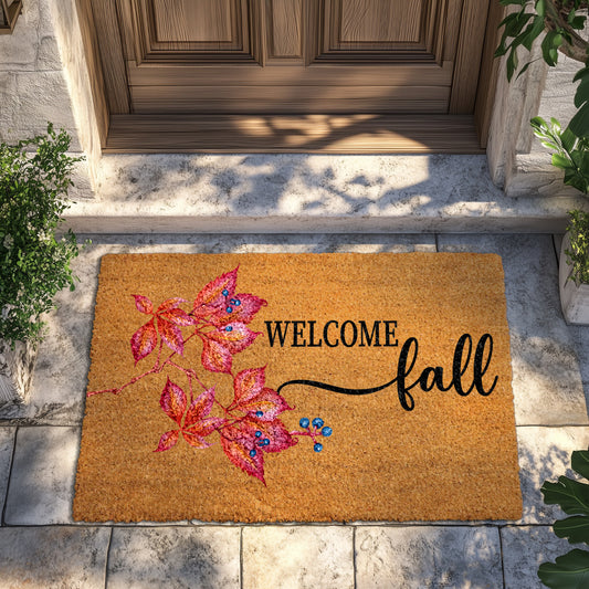 Fall Leaves & Berries Welcome Mat, Cozy Autumn Front Porch Rug