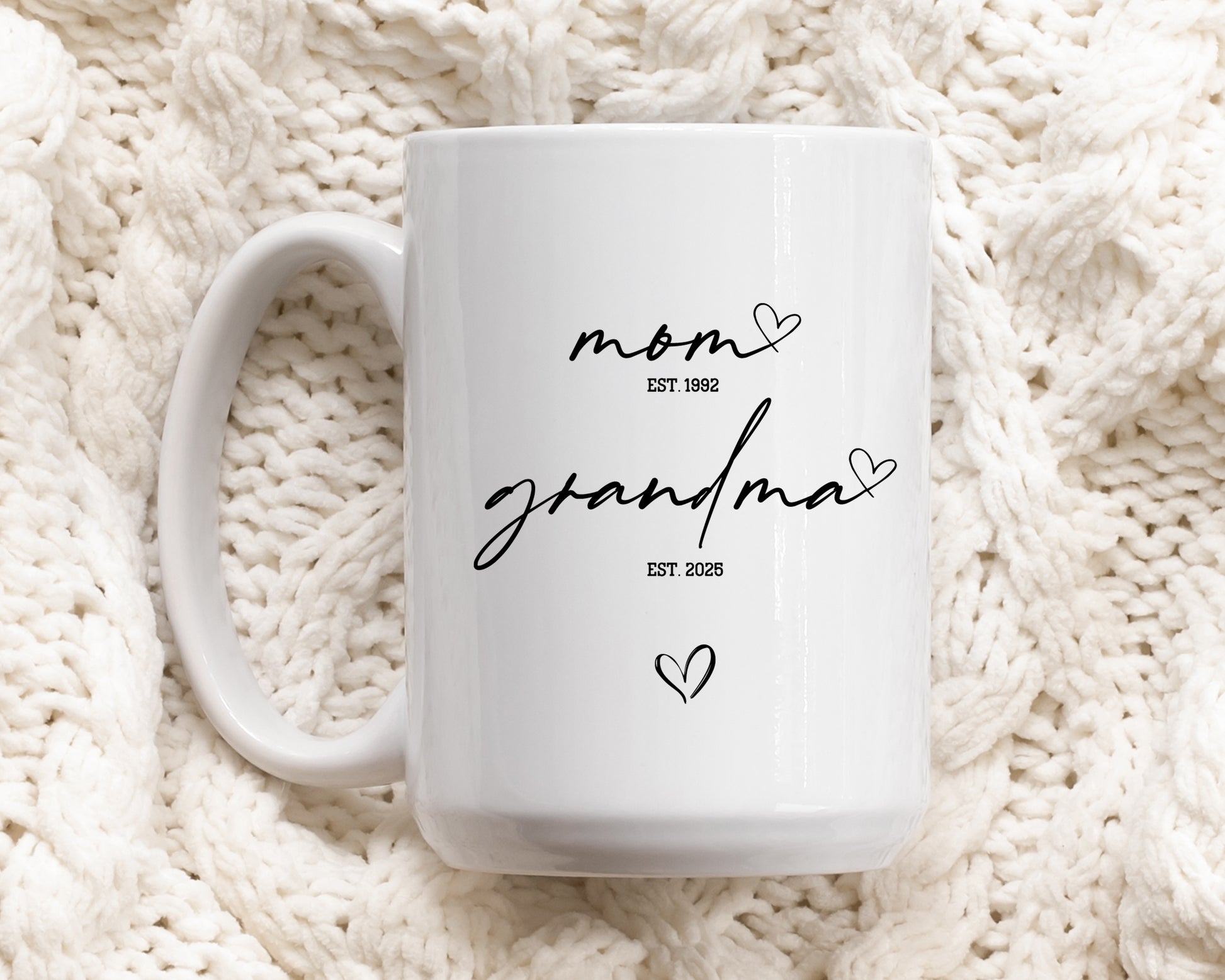 Personalized Grandma Established, Minimal Hearts Coffee Mug, Aesthetic Pregnancy Announcement