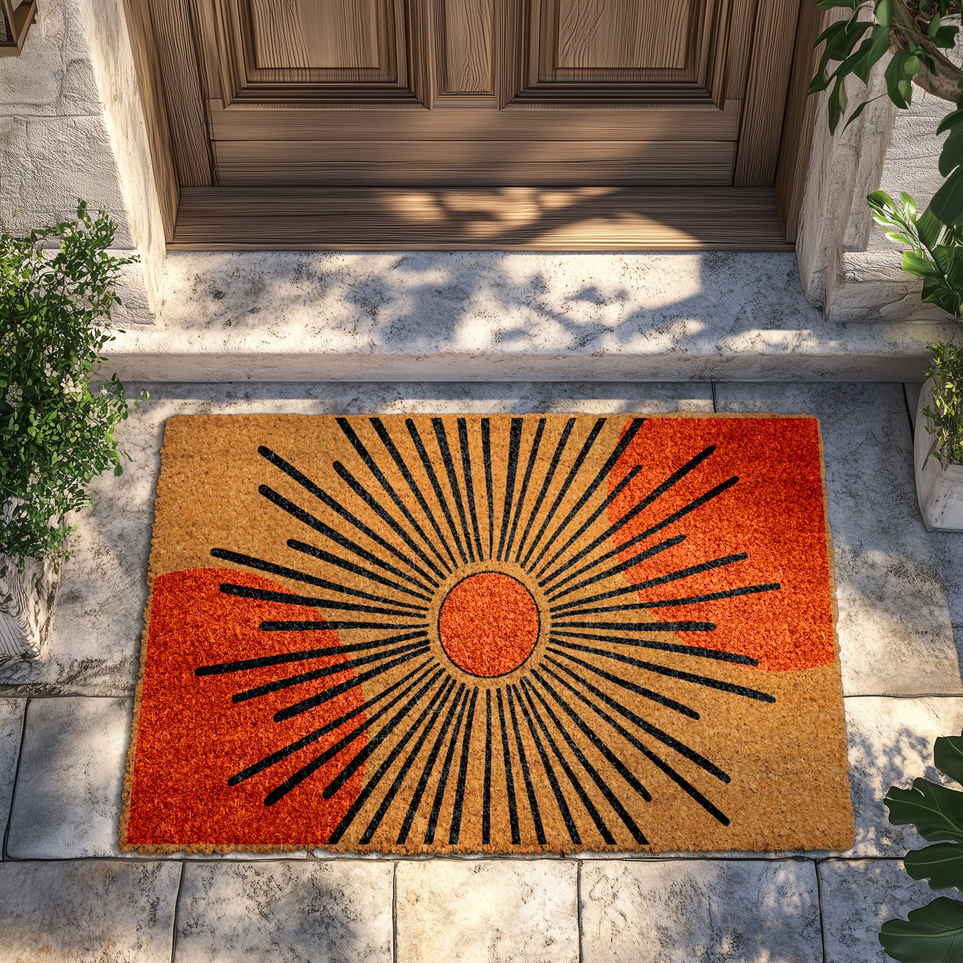 Boho Sunburst Doormat, Mid Century Style for Modern Home