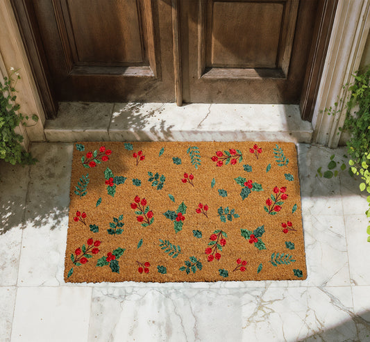 Cozy Christmas Holly Berry Doormat, Festive Winter Welcome Mat