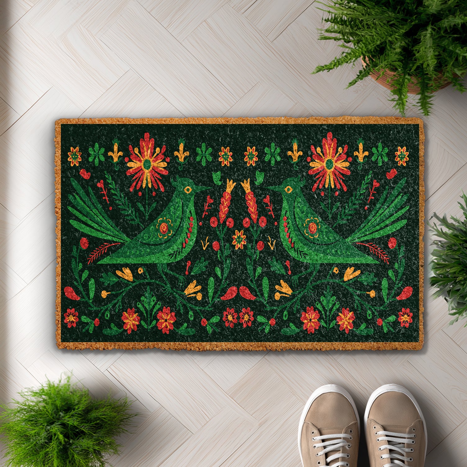 Nature-Inspired Birds and Flowers Coir Doormat, Perfect for Front Entry