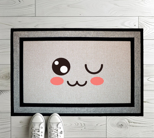 Playful Winking Emoji Doormat, Kawaii Welcome Mat for Front Porch