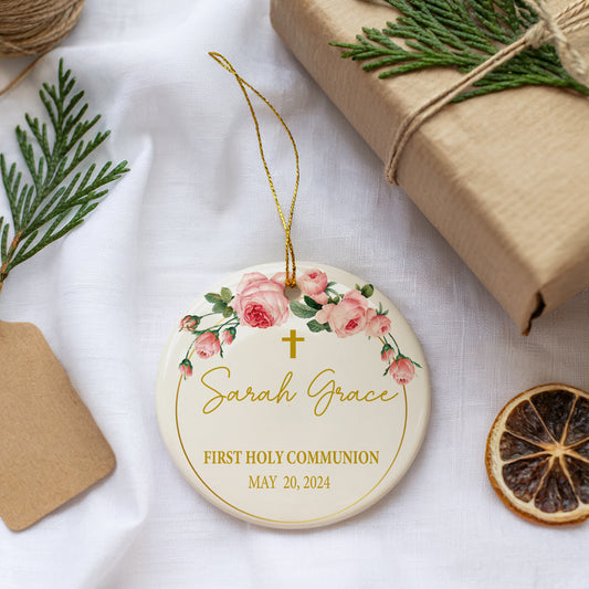 Ceramic Christening Decor, Personalized First Holy Communion Ornament, Cute Floral.