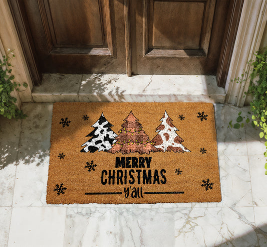 Cow Print Christmas Tree Welcome Mat, Rustic Holiday Porch Rug