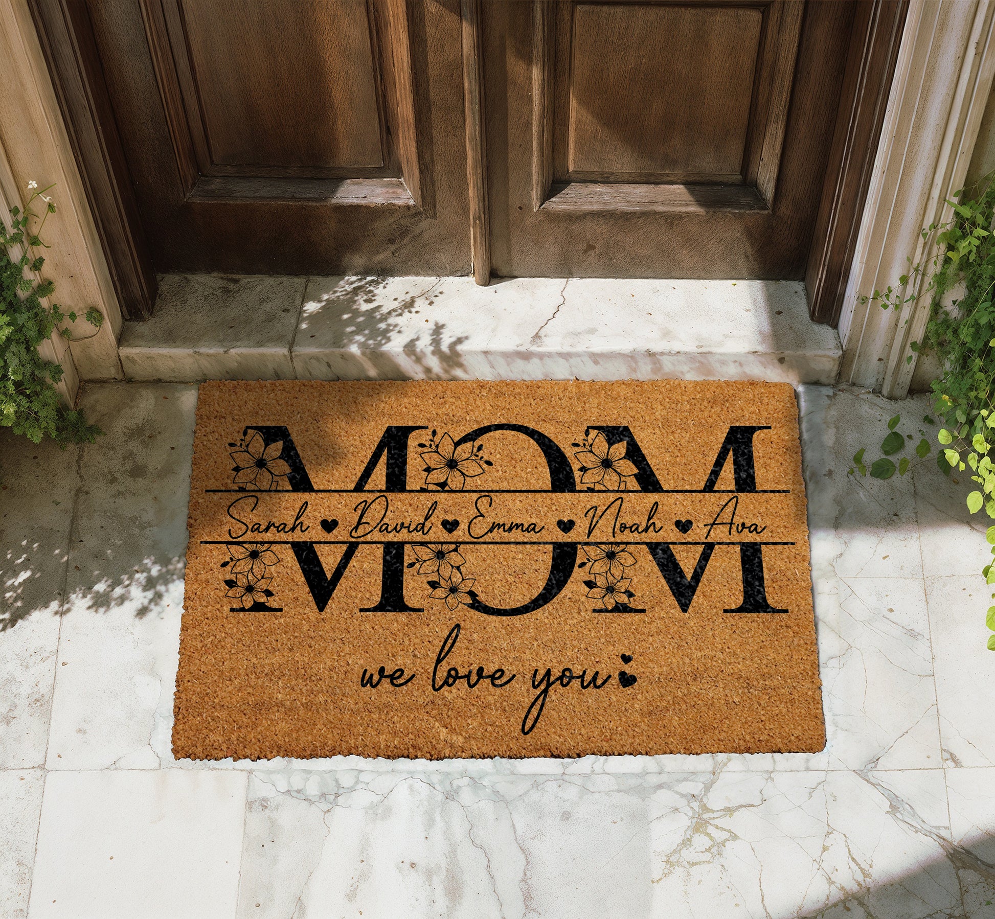 Floral Mom Doormat, Custom Kids' Names Welcome Mat, Mother's Day Gift