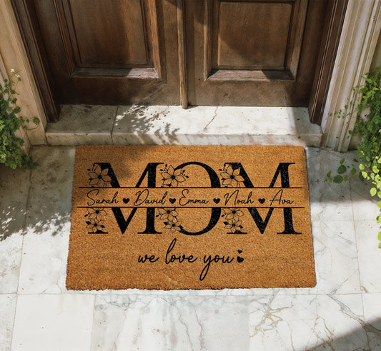Floral Mom Doormat, Custom Kids' Names Welcome Mat, Mother's Day Gift