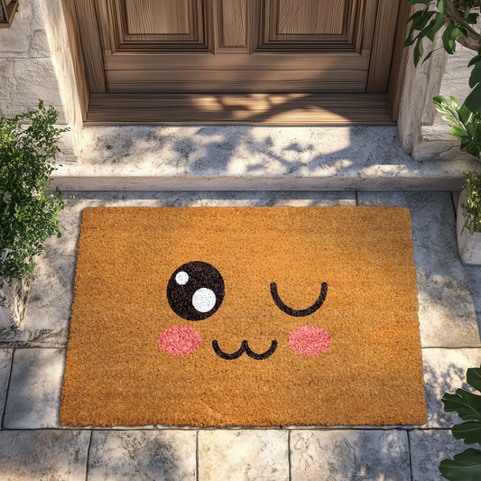 Playful Winking Emoji Doormat, Blush Cheeks Welcome Rug, Front Door Decor