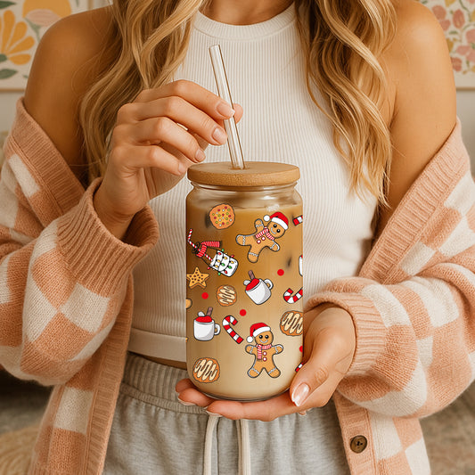 Cute Gingerbread Man Pattern Glass Tumbler, Adorable Christmas Cookie Design