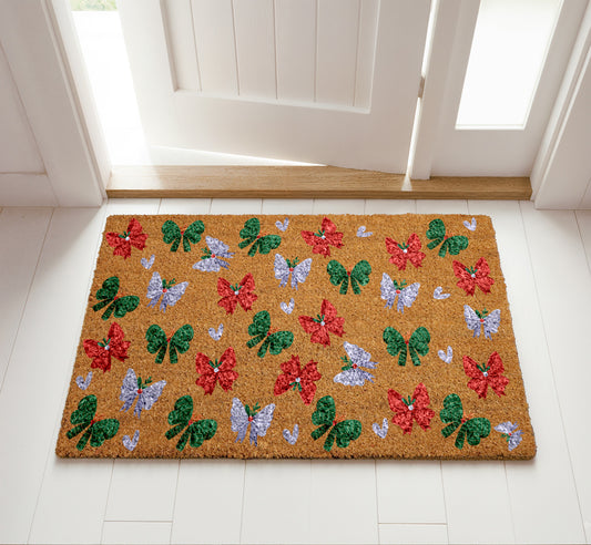 Festive Holiday Doormat with Christmas Wreath Bows and Ribbon