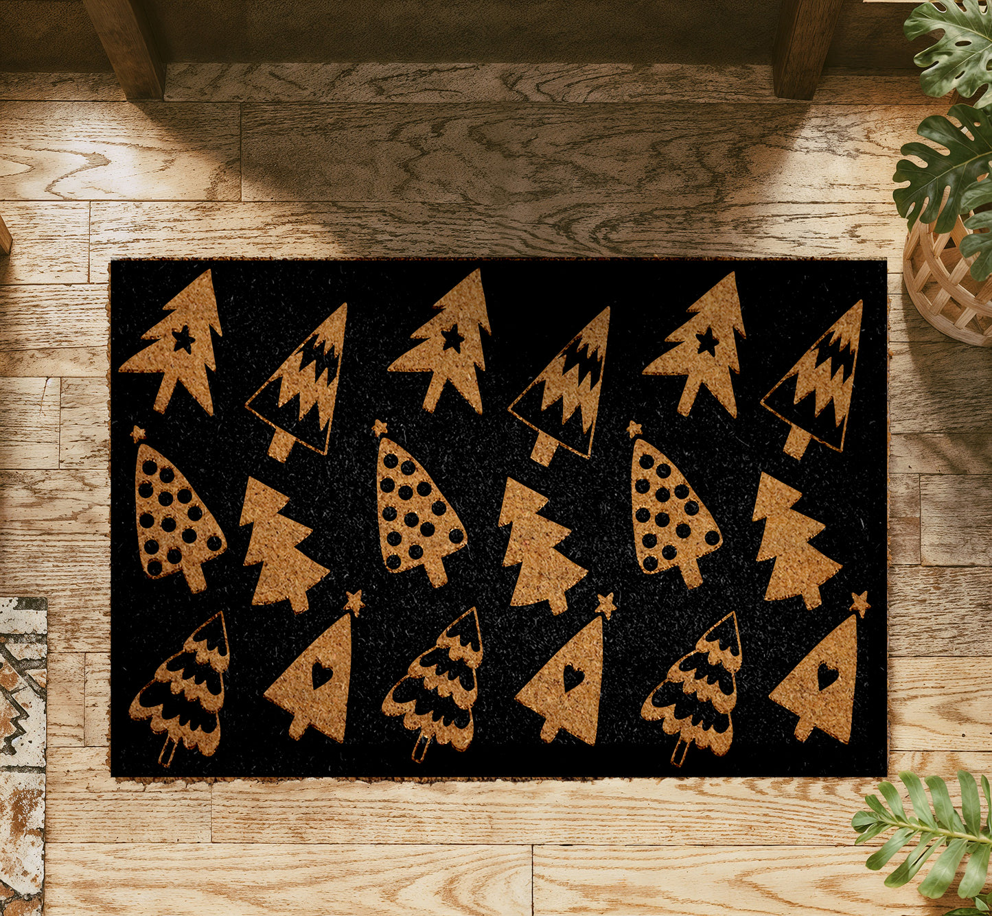 Rustic Christmas Tree Doormat, Minimalist Winter Housewarming Mat, Farmhouse Decor