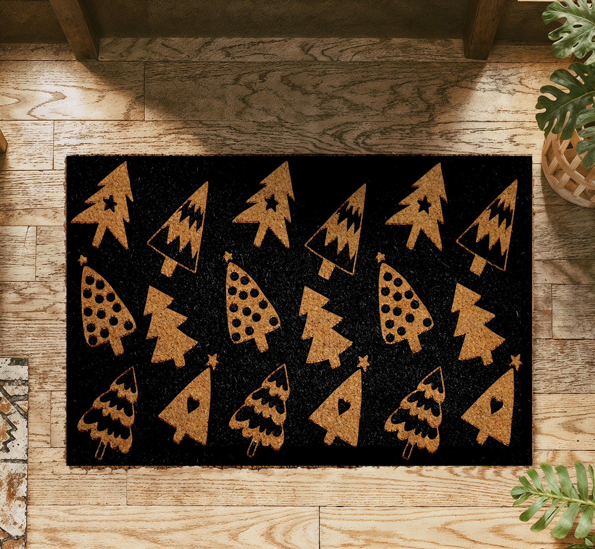 Rustic Christmas Tree Doormat, Minimalist Winter Housewarming Mat, Farmhouse Decor