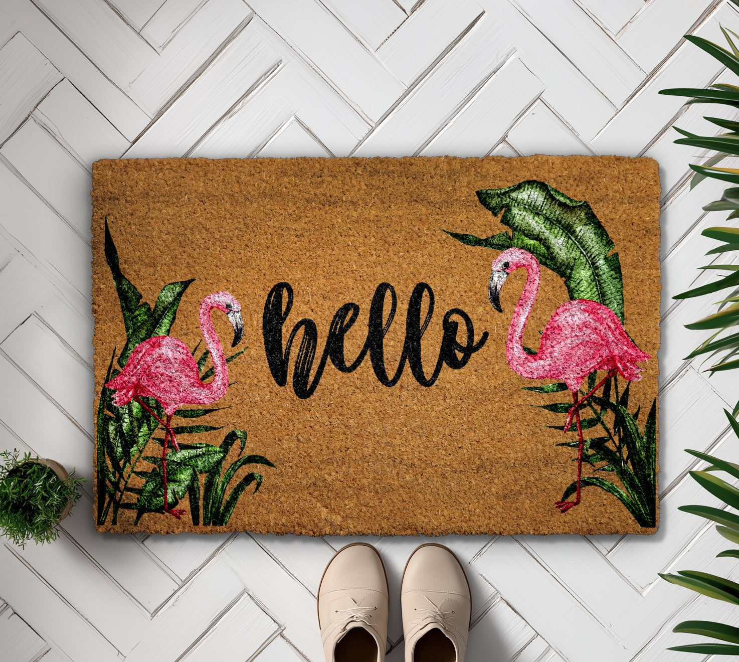 Tropical Leaves & Pink Flamingo Doormat: Charming Summer Welcome Rug