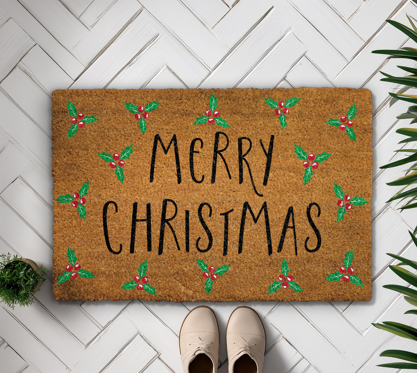 Festive Holly Berries Doormat, Winter Welcome Rug, Housewarming Decor